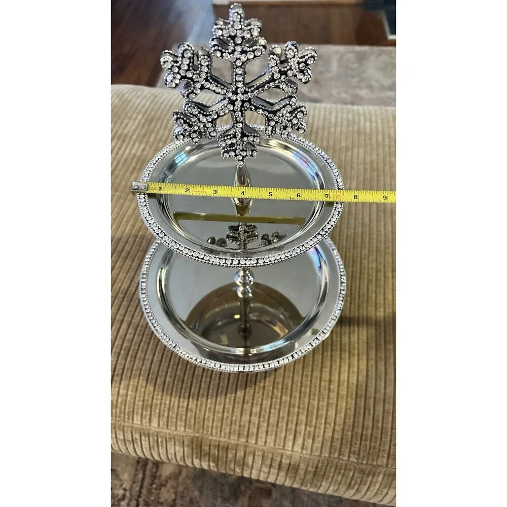 Silver Rhinestone Bling Snowflake 2 Tier Serving Dessert Appetizer Platter Tray